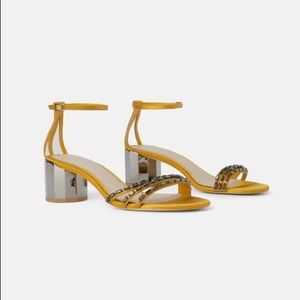 ZARA women's GEOMETRIC HEELED BEADED SHOES mustard